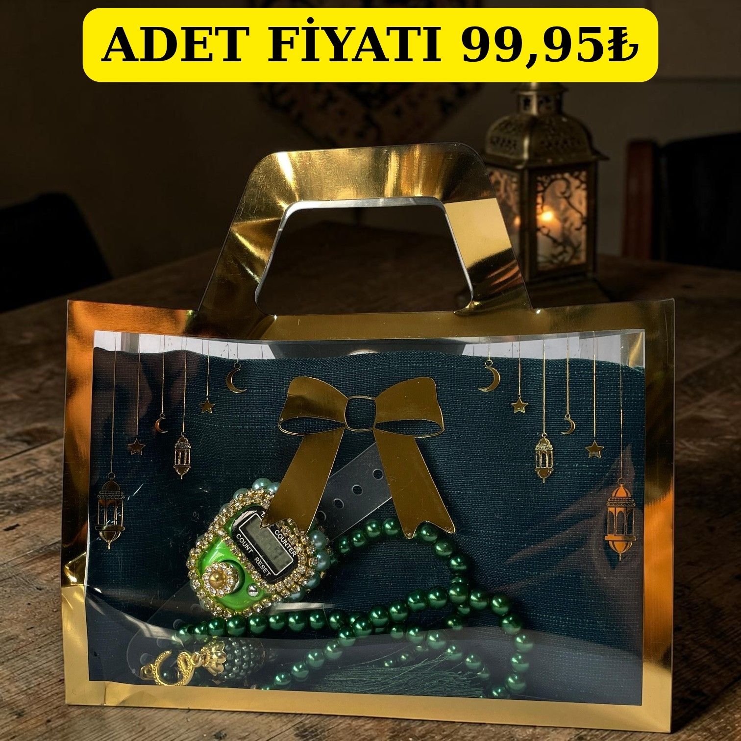 DLK TÜLBENTLİ ÇANTA SETİ PAKETTE 2'Lİ YEŞİL (TÜLBENT,ZİKİRMATİK,İNCİ TESBİH)