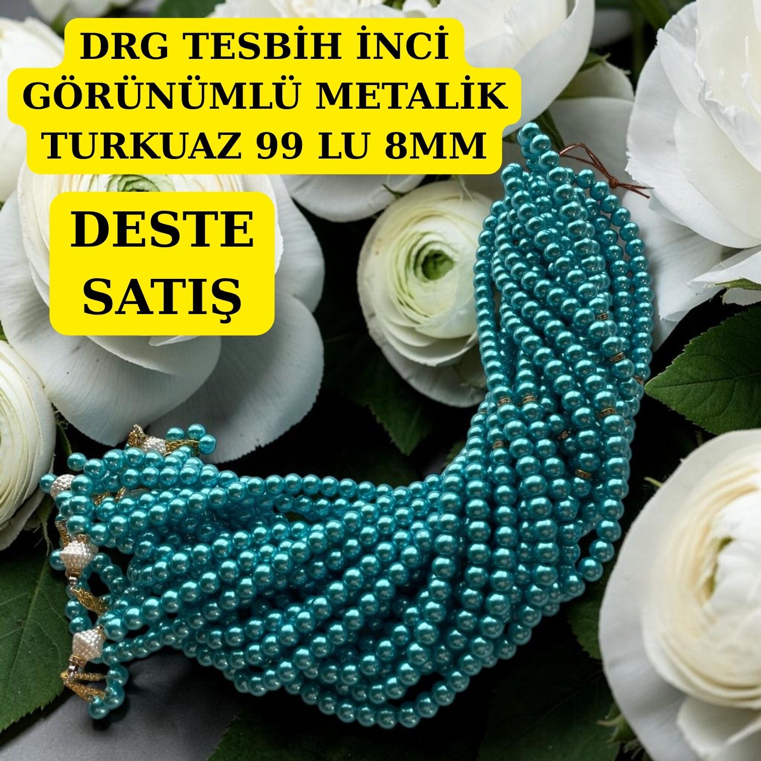 DRG TESBİH İNCİ GÖRÜNÜMLÜ METALİK TURKUAZ 99 LU 8MM DESTE