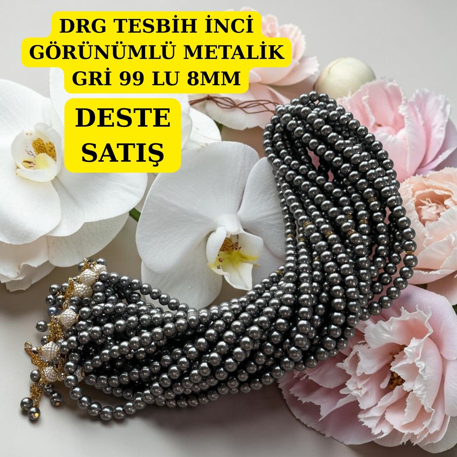 DRG TESBİH İNCİ GÖRÜNÜMLÜ METALİK GRİ 99 LU 8MM DESTE