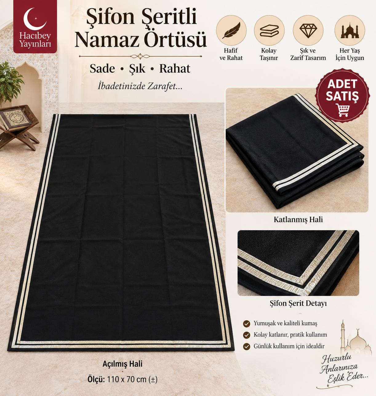 BRZ ŞİFON ŞERİTLİ NAMAZ ÖRTÜSÜ SİYAH ADET SATIŞ