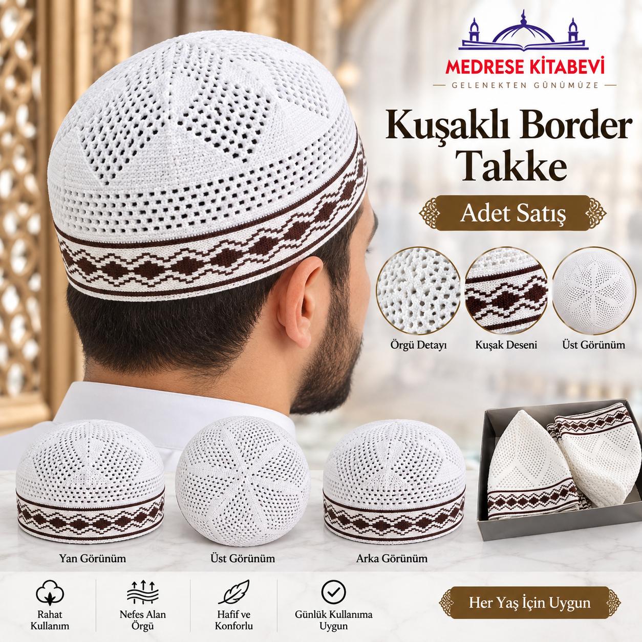 ŞM KUŞAKLI BORDER ZÜMRÜT TAKKE BEYAZ (ADET SATIŞ)