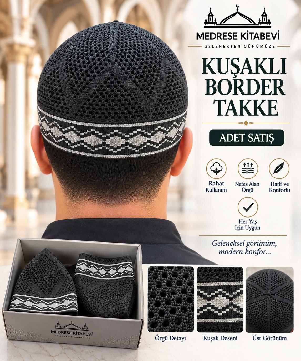 ŞM KUŞAKLI BORDER ZÜMRÜT TAKKE SİYAH (ADET SATIŞ)