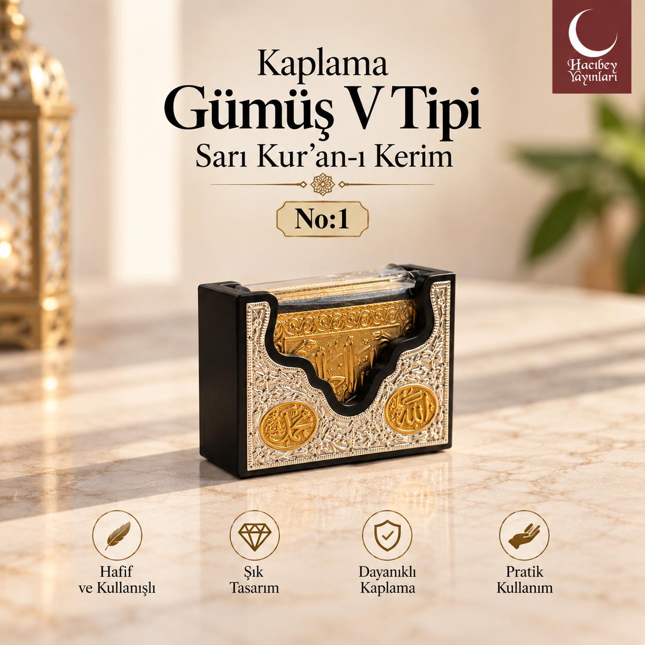 ÖRN KAPLAMA GÜMÜŞ V TİPİ SARI KUR'AN-I KERİM NO:1
