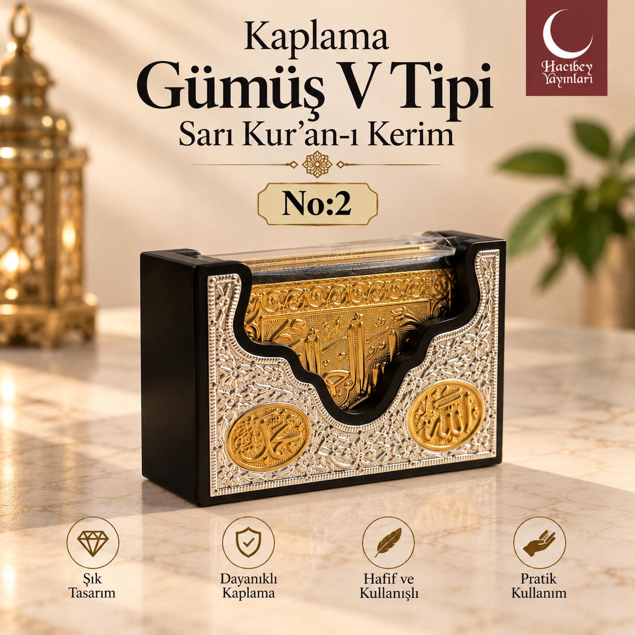 ÖRN KAPLAMA GÜMÜŞ V TİPİ SARI KUR'AN-I KERİM NO:2