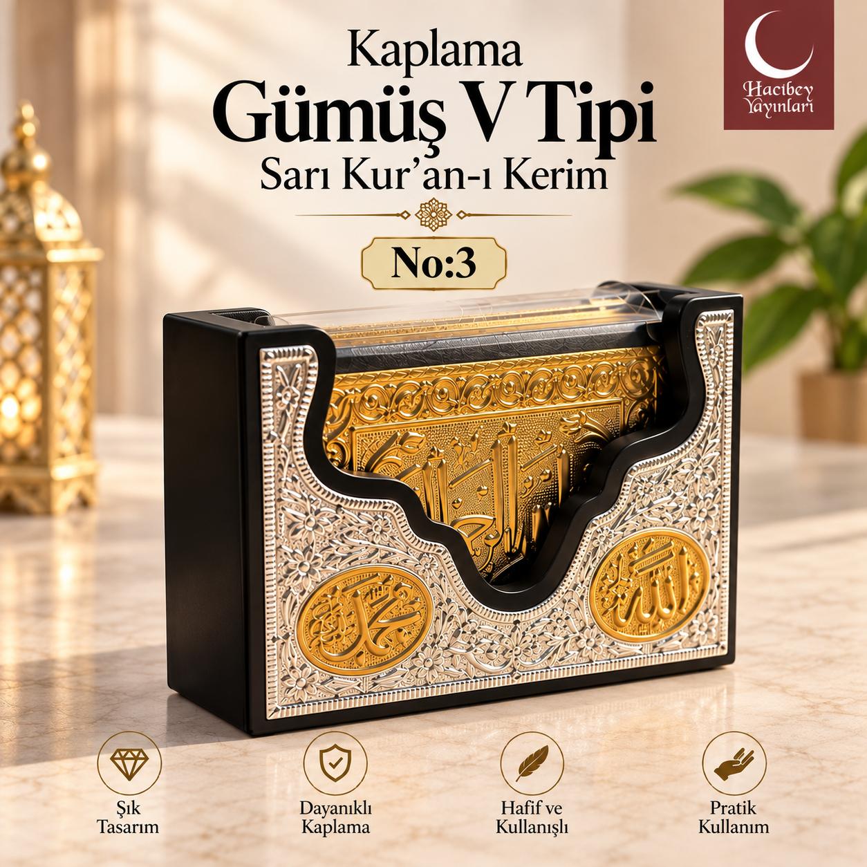 ÖRN KAPLAMA GÜMÜŞ V TİPİ SARI KUR'AN-I KERİM NO:3