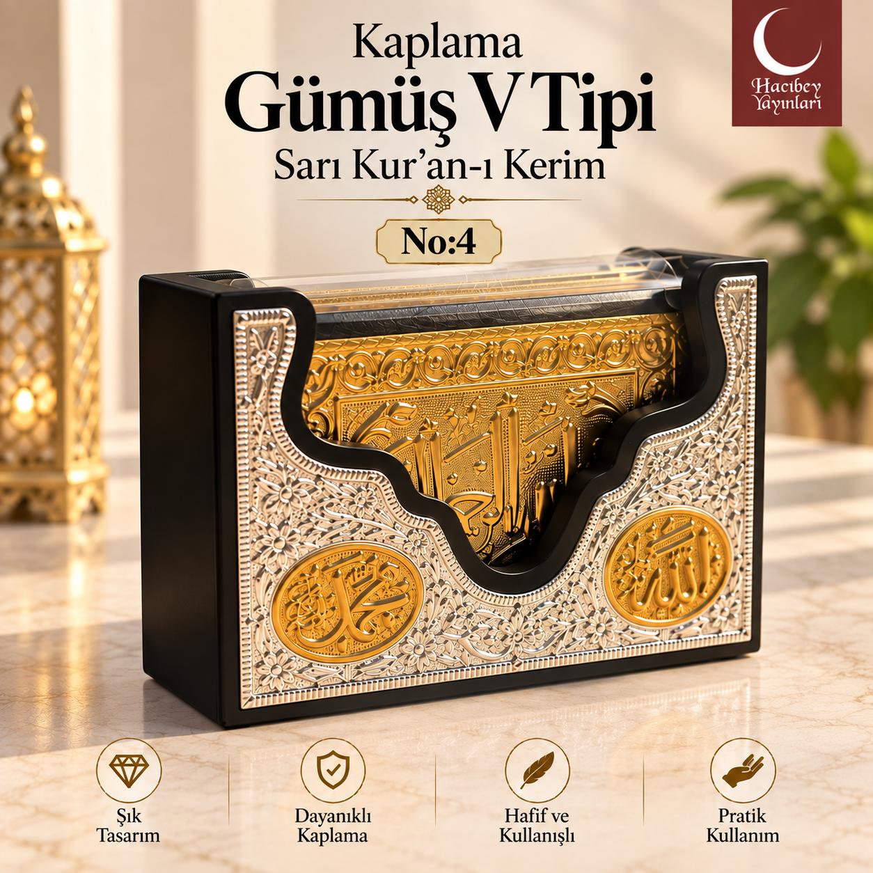 ÖRN KAPLAMA GÜMÜŞ V TİPİ SARI KUR'AN-I KERİM NO:4
