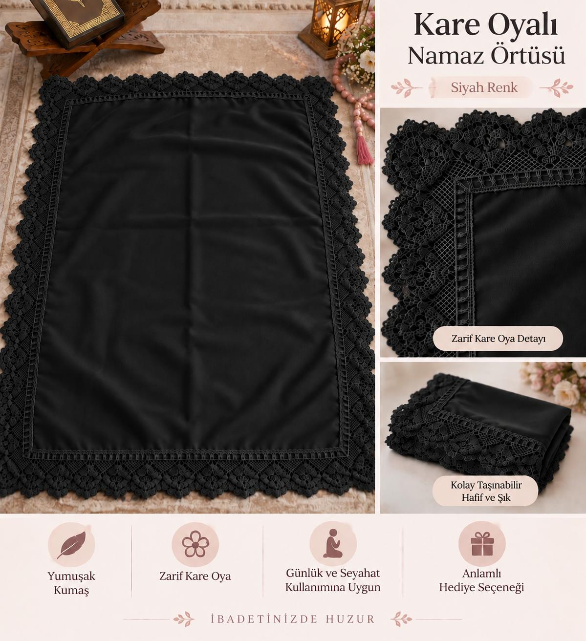 BRZ KARE OYALI SİYAH NAMAZ ÖRTÜSÜ ADET SATIŞ