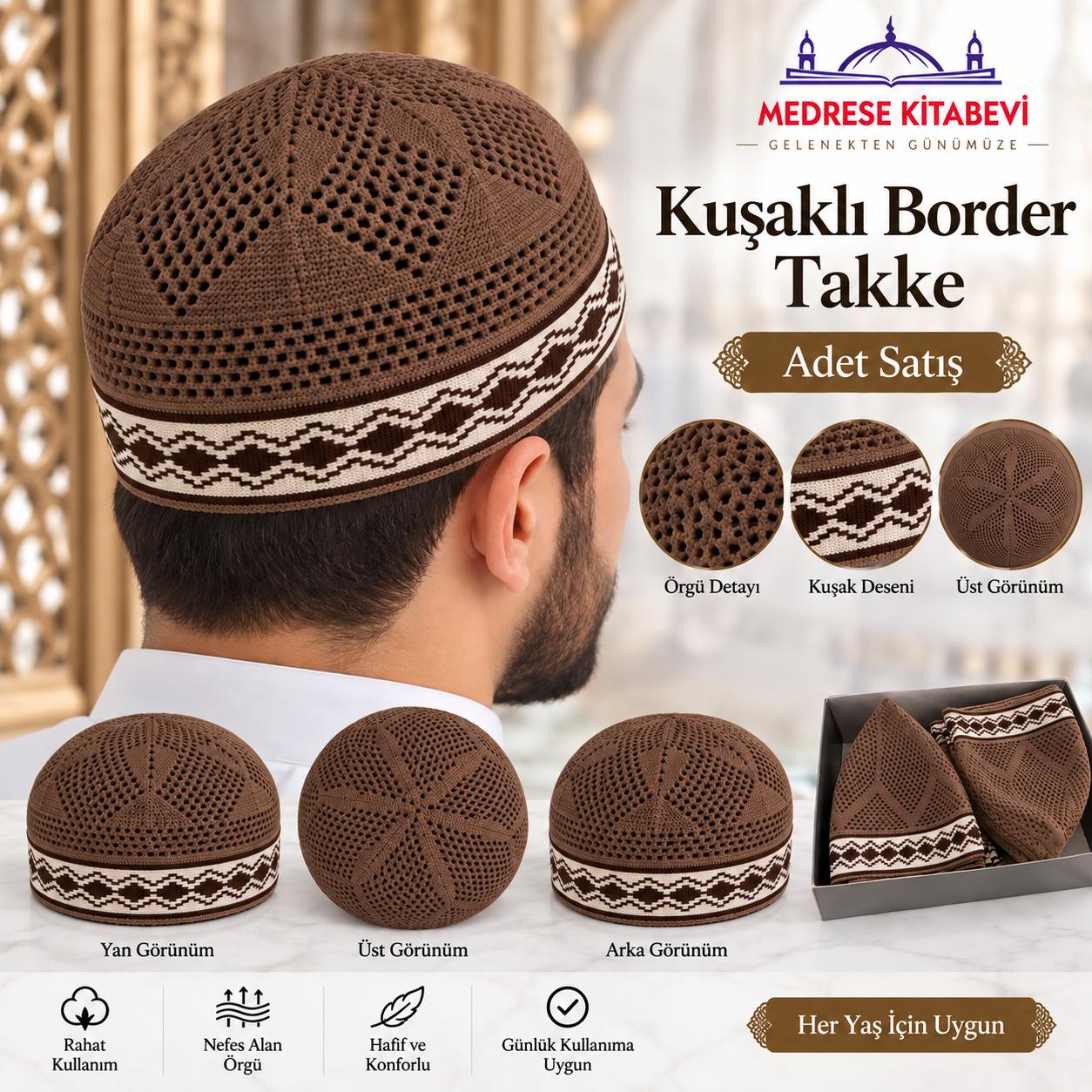 ŞM KUŞAKLI BORDER ZÜMRÜT TAKKE KAHVERENGİ ( ADET SATIŞ )