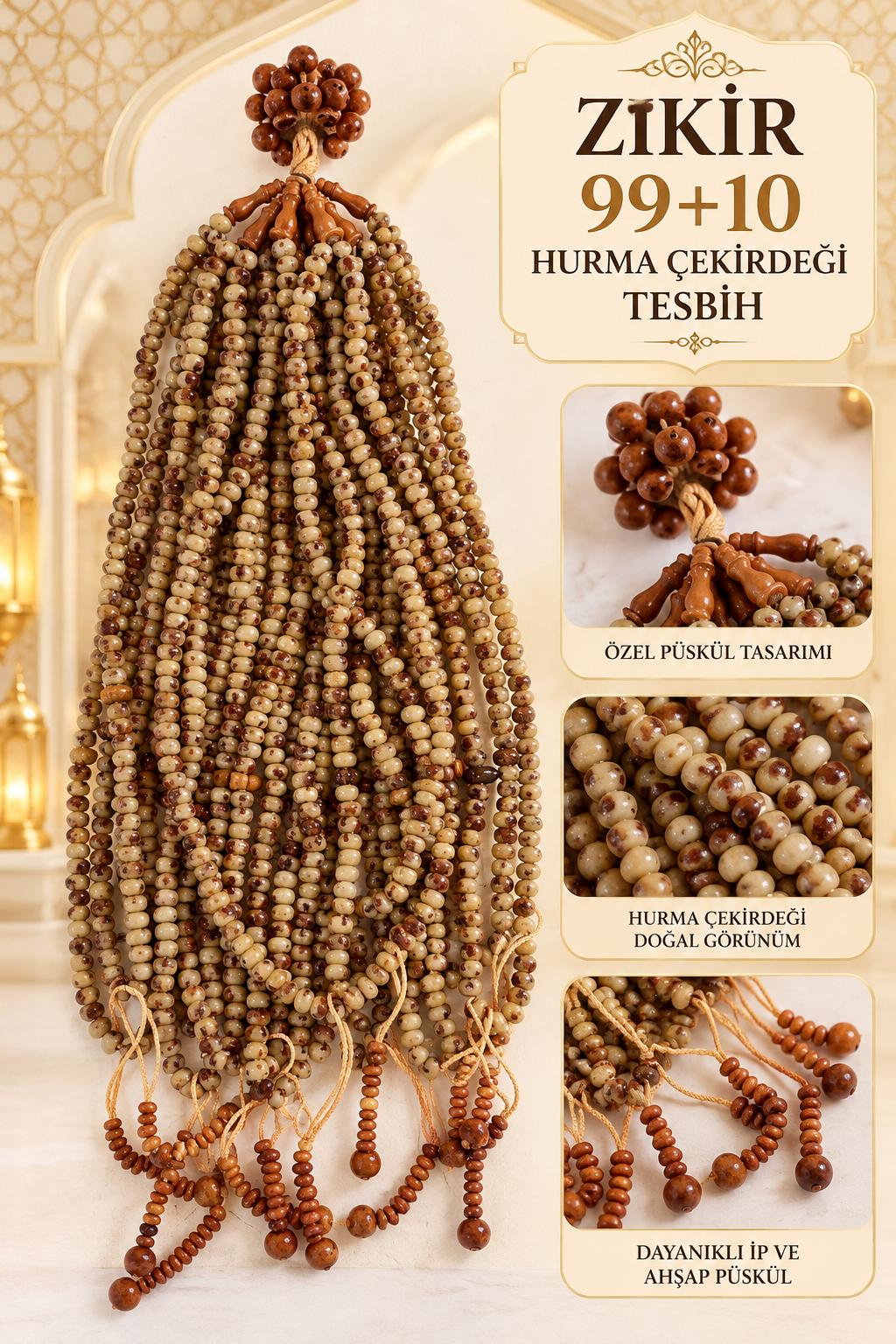 ŞM ZİKİR TESBİH 99+10 HURMA ÇEKİRDEĞİ  ÖZEL UÇLU (DÜZİNE SATIŞ)