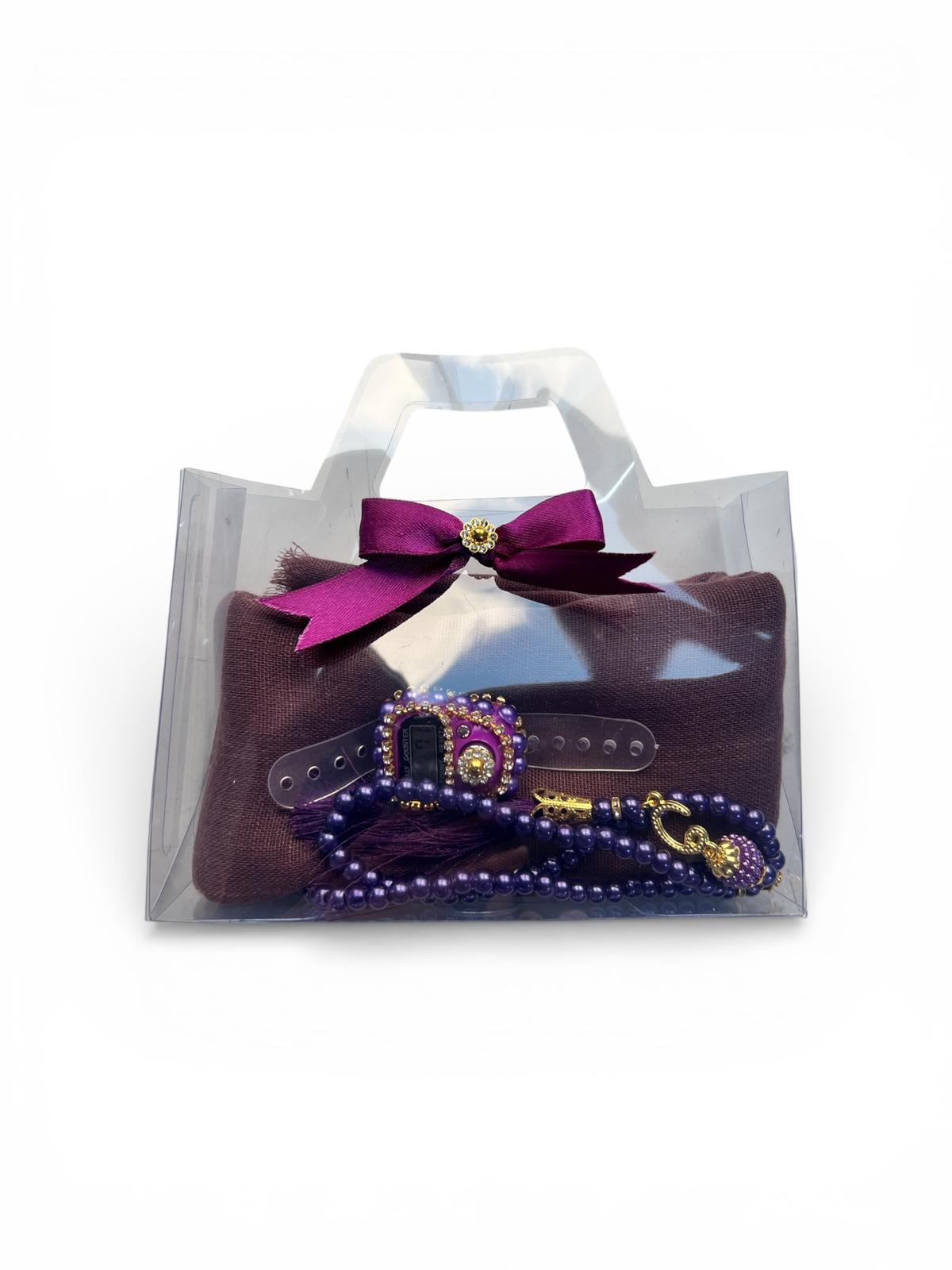 DLK TÜLBENTLİ ÇANTA SETİ PAKETTE 2'Lİ MOR (TÜLBENT,ZİKİRMATİK,İNCİ TESBİH)