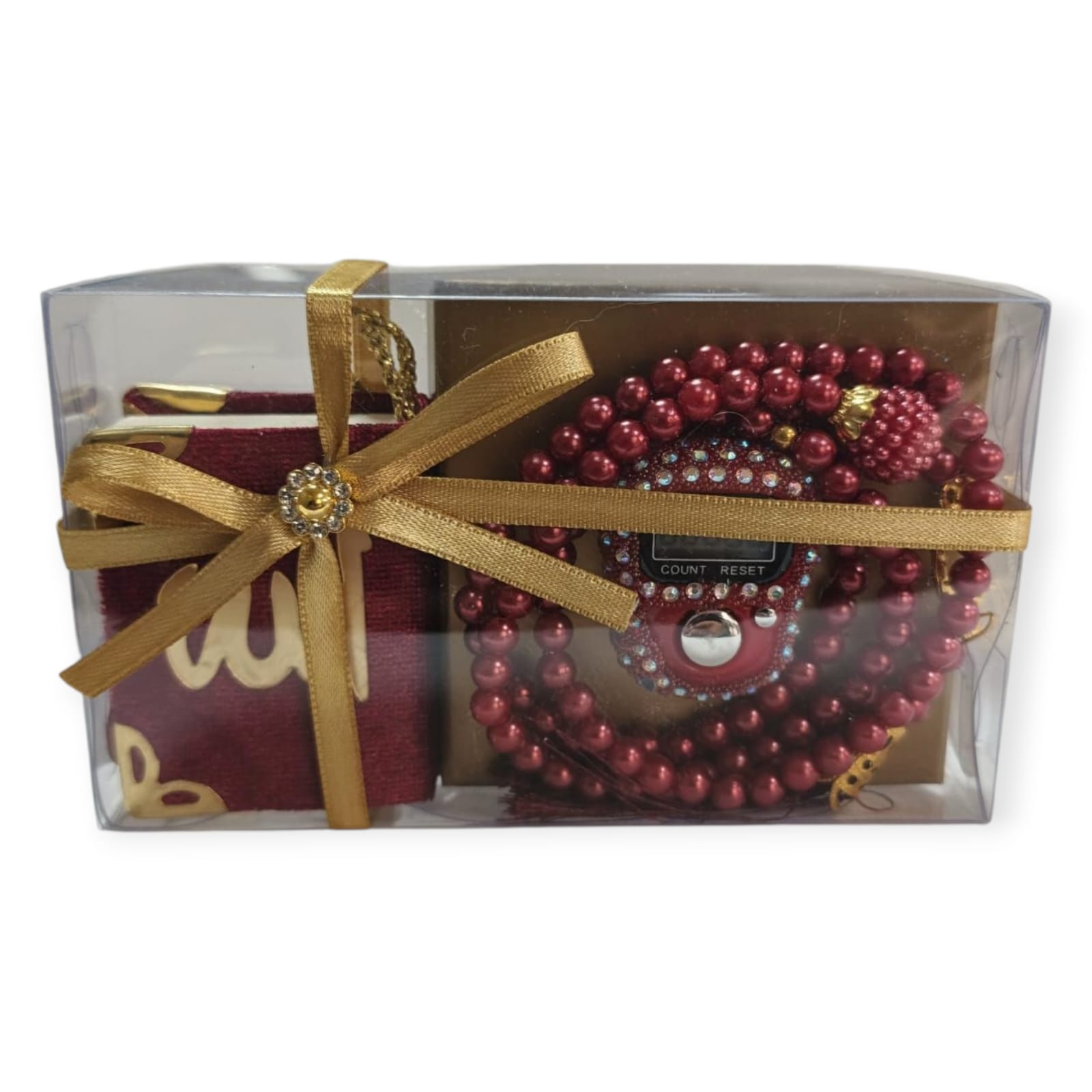DLK MİNİ KURAN EKONOMİK HEDİYELİK SET PAKETTE 4'LÜ KIRMIZI BORDO (MİNİ KURAN,ZİKİRMATİK,İNCİ TESBİH)