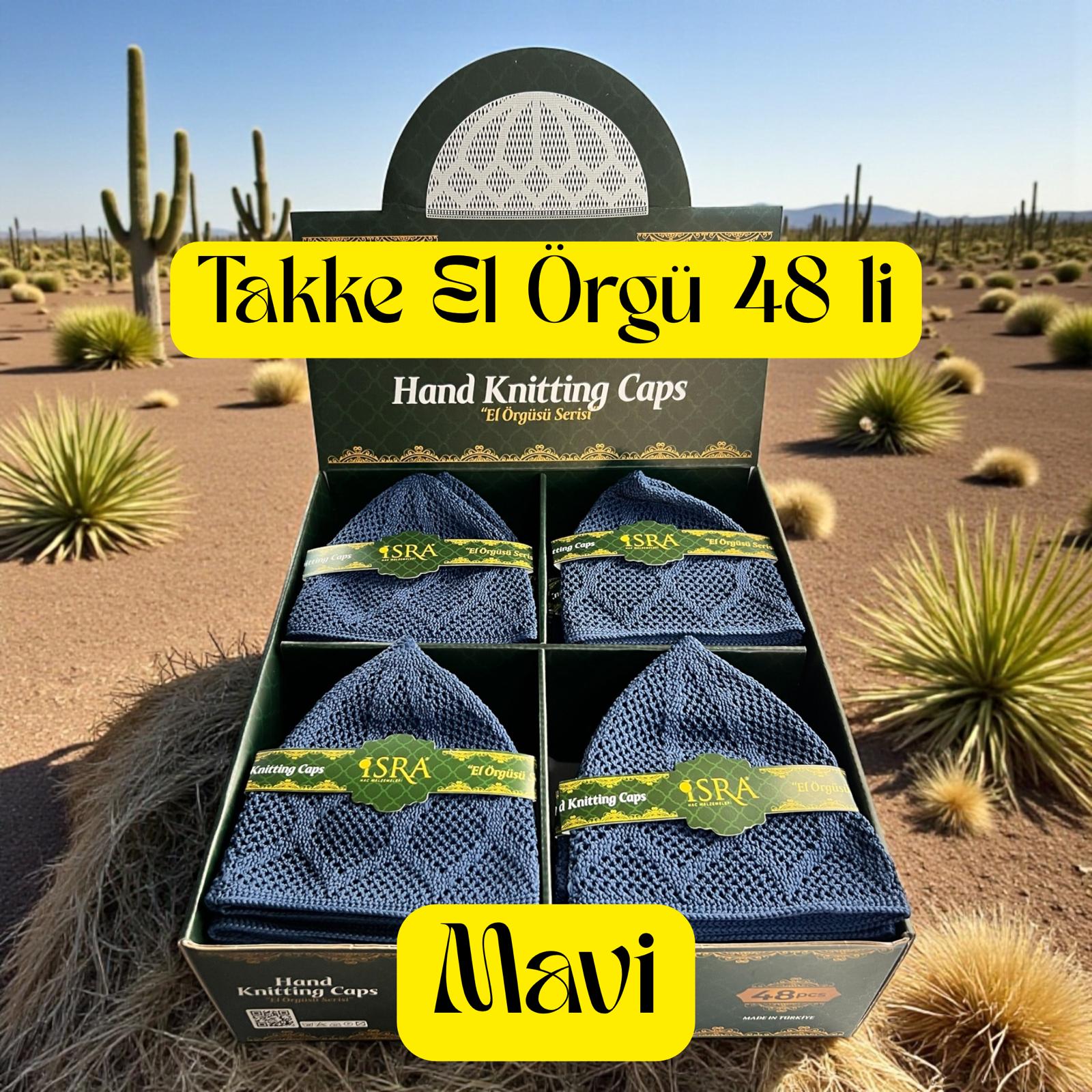 İR TAKKE MAVİ EL ÖRGÜ MODELİ KUTUDA 48 Lİ