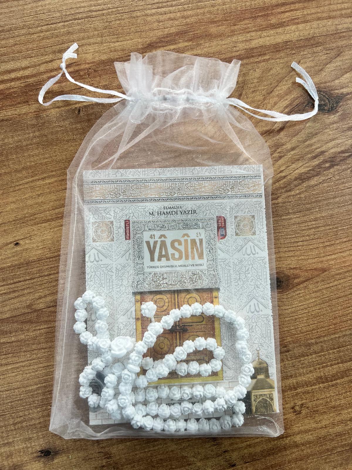 TÜL KESE İÇİNDE TESBİHLİ ÇANTA BOY 80 SAYFA YENİ YASİN KİTABI BEYAZ